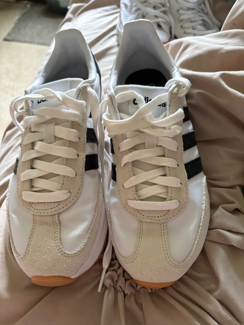 adidas Women’s White Sneakers with Black Stripes and Gum Sole